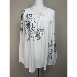 Style & Co Top Size 3X White Black Floral Embroidered Long Sleeve Tassel Cottage
